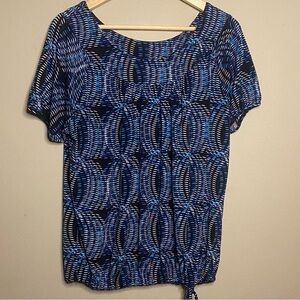 Worthington Geometric Blouse Women Large Black Blue Short Sleeve Hemline Tie